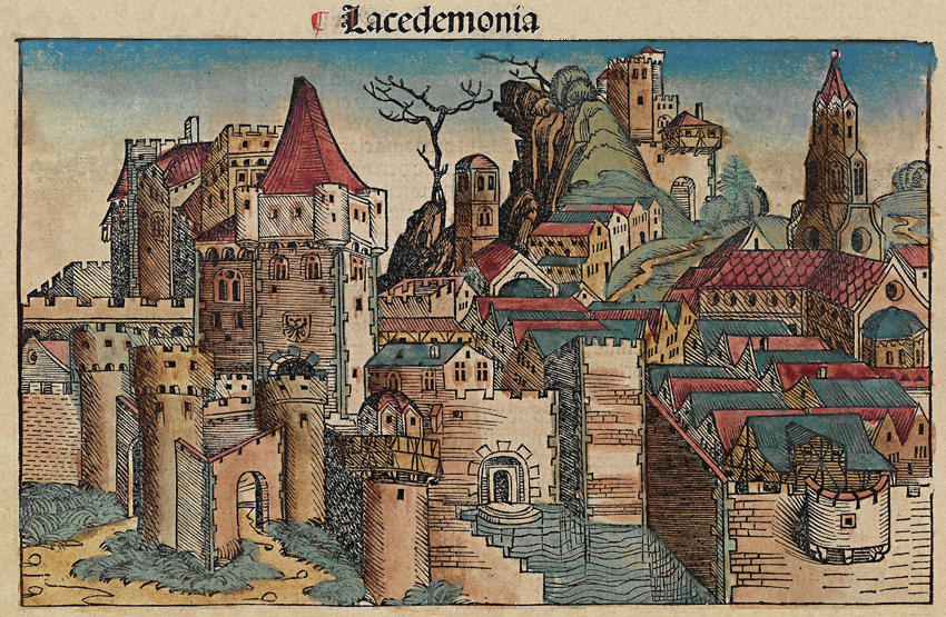 Αναπάρασταση της Σπάρτης στο «Χρονικό της Νυρεμβέργης» του H. Schedel (1493)